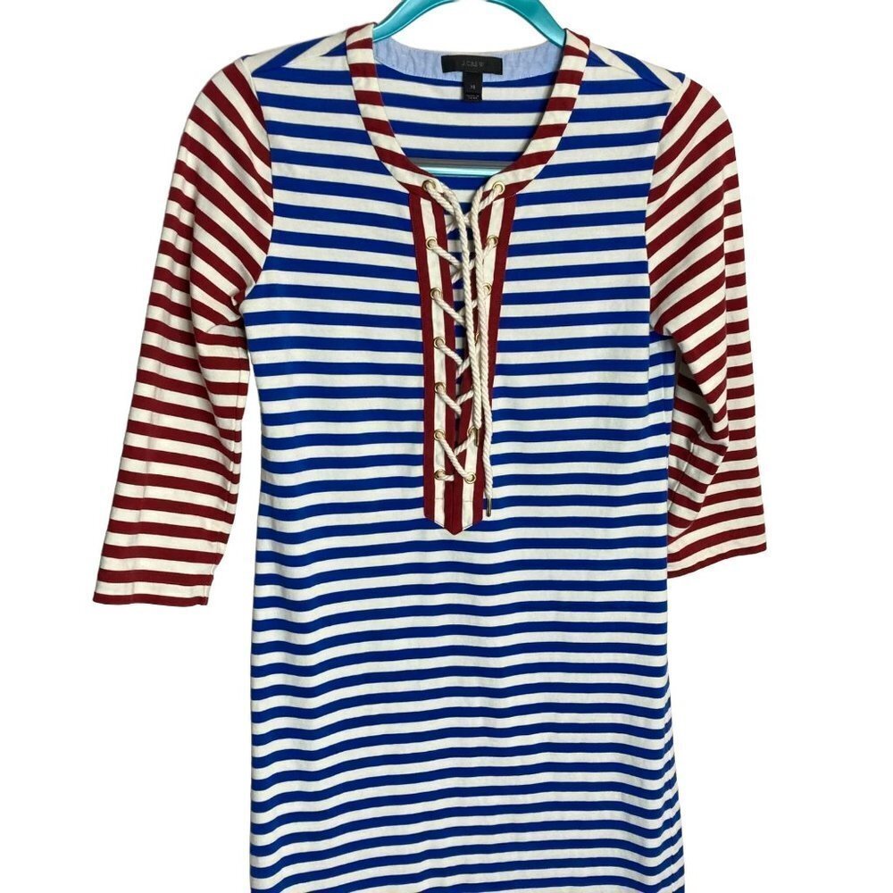 J Crew Nautical Baltic Maxi Midi Dress Patriotic Lace Up Front Red Blue XS NICE - Picture 2 of 6